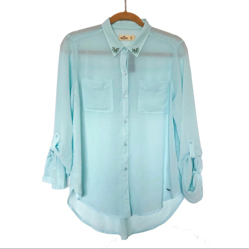 Hollister Mint Button Down W/ Embellished Collar